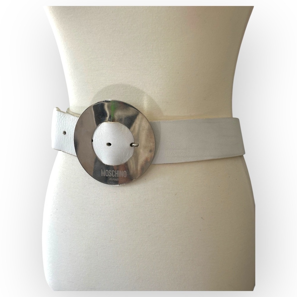 MOSCHINO JEANS White Silver 90's Oversized Round Leather Belt